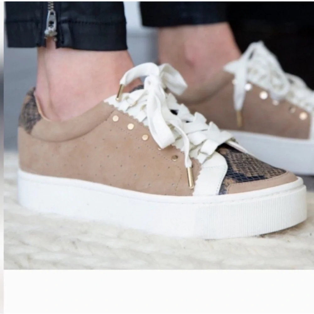 Joie Handan Camel Tan Suede Snakeskin Toe Platform Sneaker Sz 39